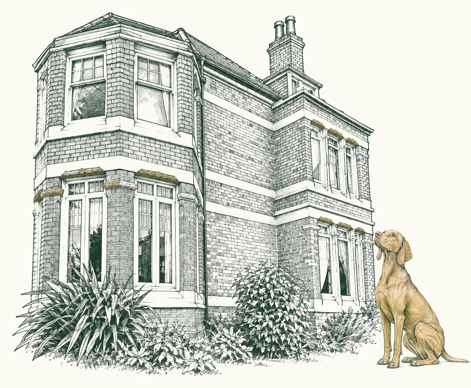 Pen and ink sketch Nº 010, viewed in West Cheshire, with the dog sat beside it.
