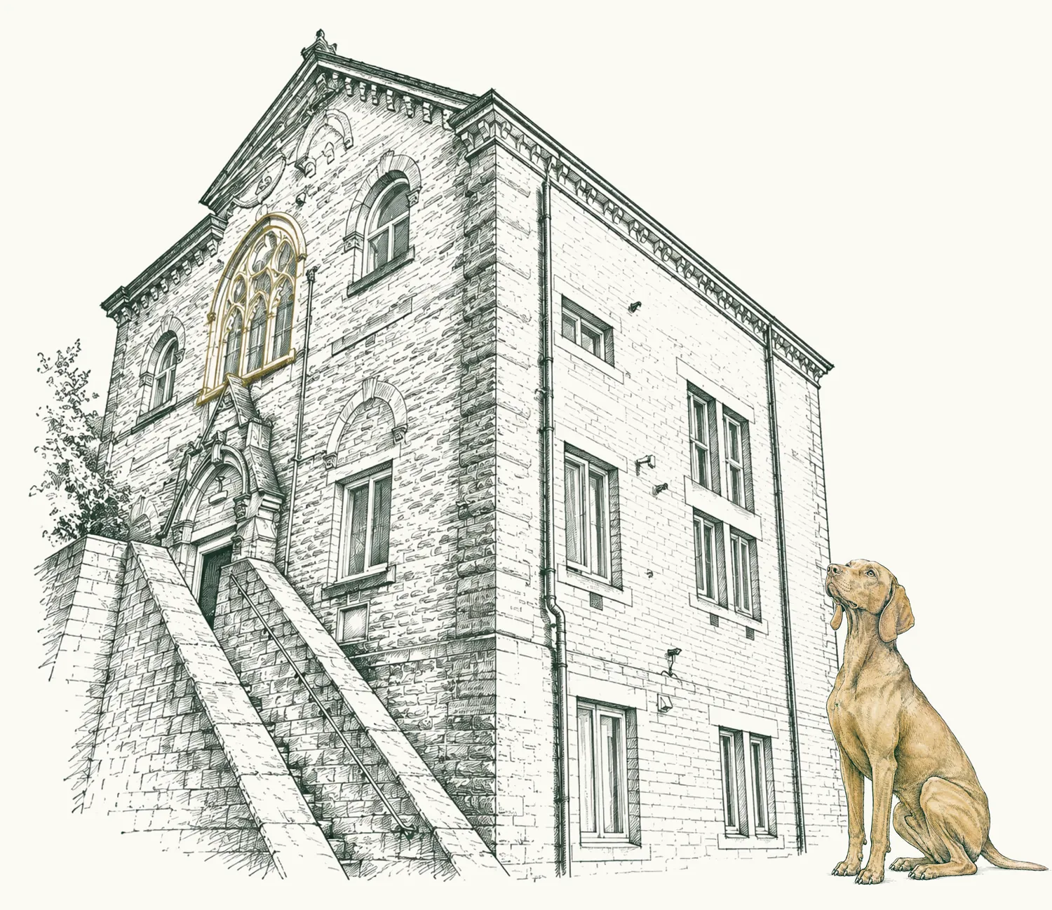 Pen and ink sketch Nº 011, viewed in West Yorkshire, with the dog sat beside it.