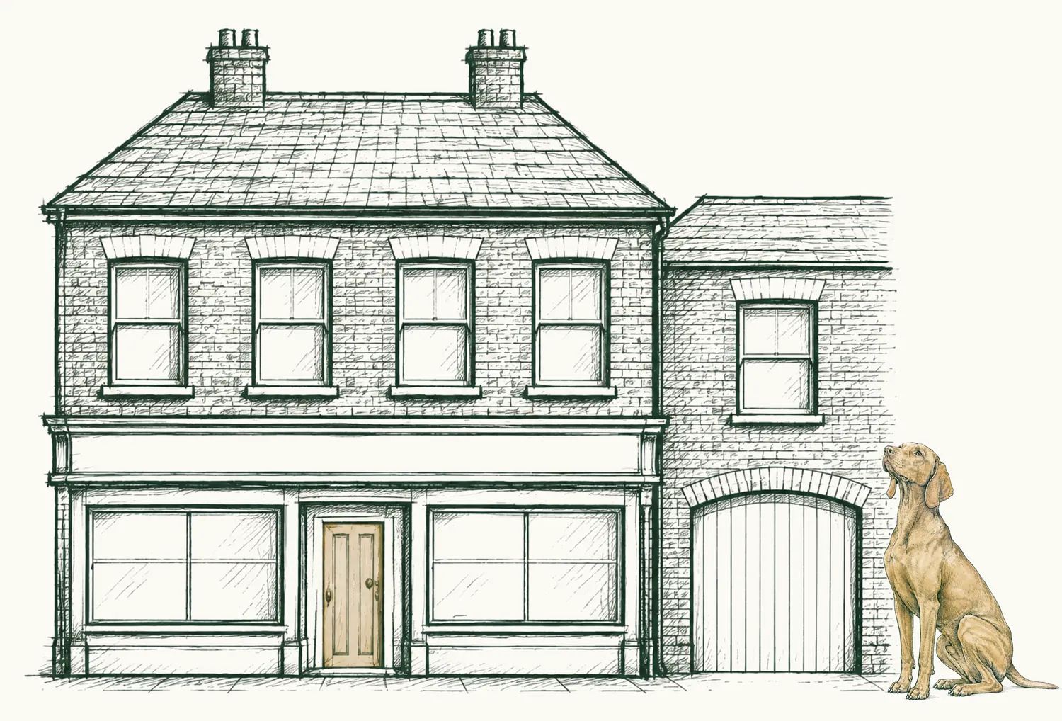 Pen and ink sketch Nº 013, viewed in South Manchester, with the dog sat beside it.